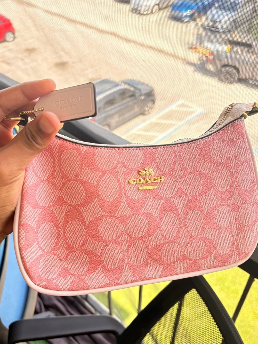 Coach Coral Pink Signature Crescent Shoulder Bag with Gold Hardware